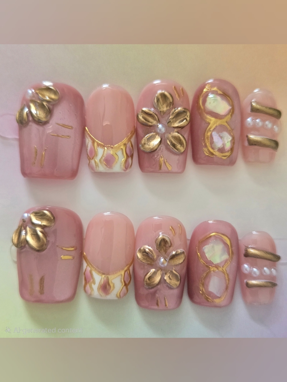 Pink & Gold 3D Floral Press-On Nails NWT